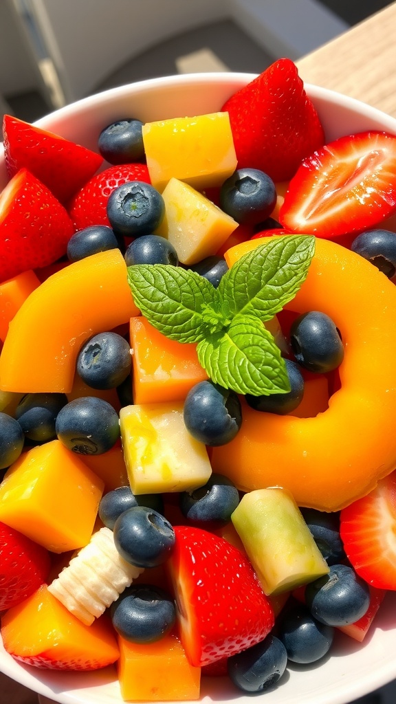 A colorful fruit salad with strawberries, blueberries, cantaloupe, honeydew, and banana in a bowl, garnished with mint.